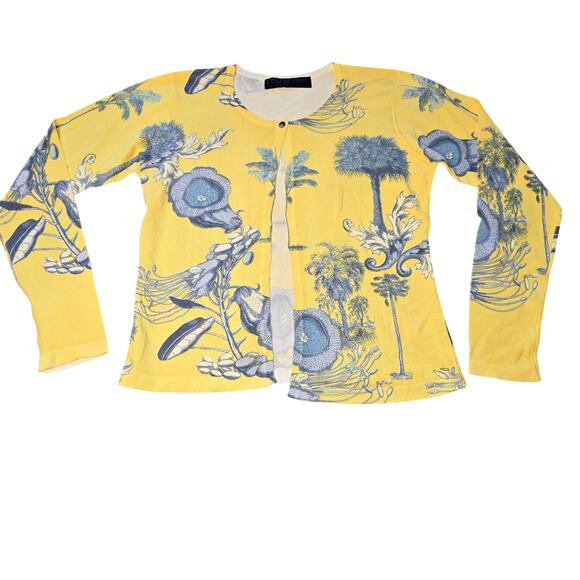 Herve Benard Cardigan Womens Medium Floral Palm Tree Slinky Knit Sweater Granny - Picture 1 of 8